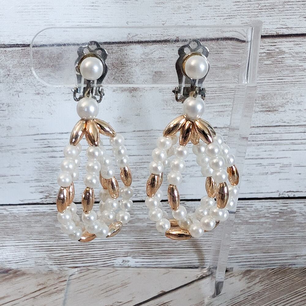 Vintage Clip On Earrings - Faux Pearl & Gold Tone Beaded Dangle